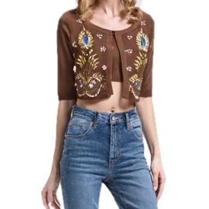 Vintage Salco Italy Cropped Sequin Peacock Cardigan in Brown & Blue Size M